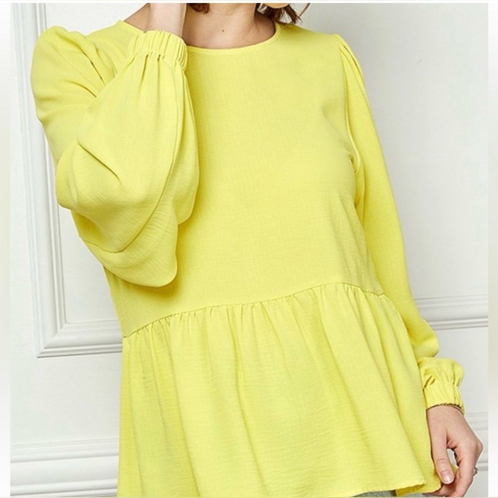 NWT Solid Round Neck Ruffle Hem Balloon Sleeve Blouse sz LG
